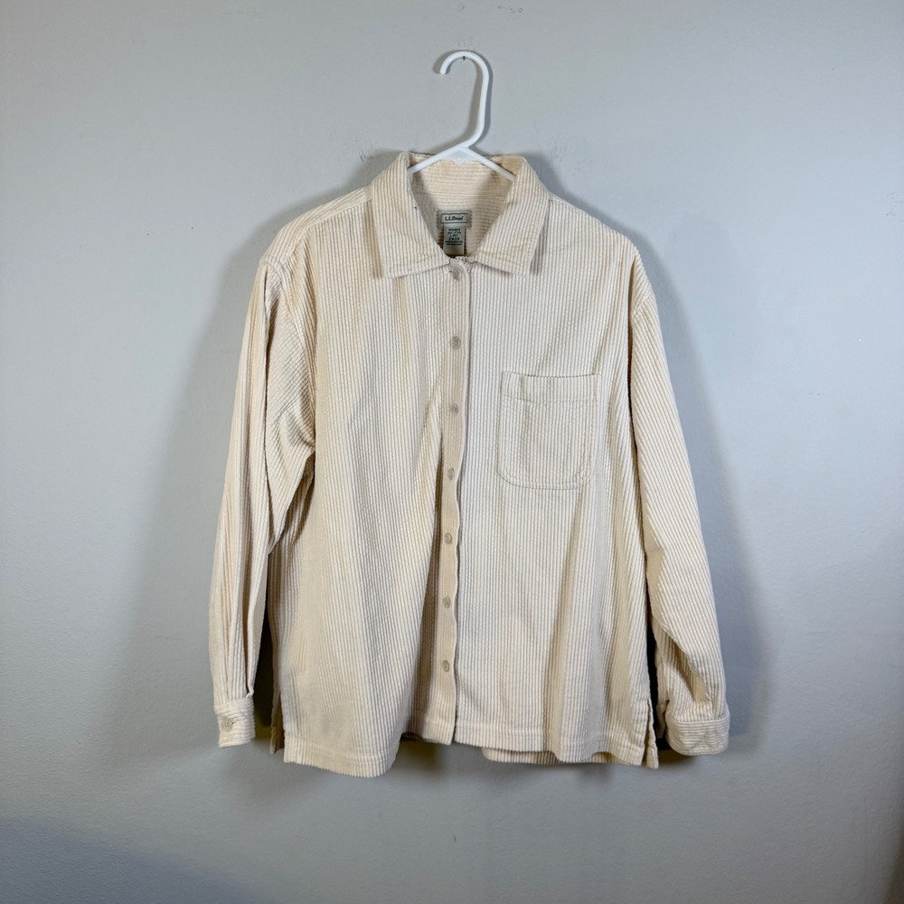 LL Bean Womens Large Petite Cream Wide Wale Corduroy Button Down Shirt Cotton